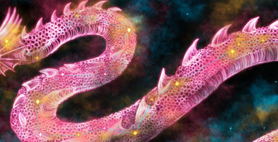 Digital Painting: A writhing dragon drawn in glowing red lines spews nebulous gases into the darkness of space. Golden stars inside its body are connected by thin blue constellation lines.