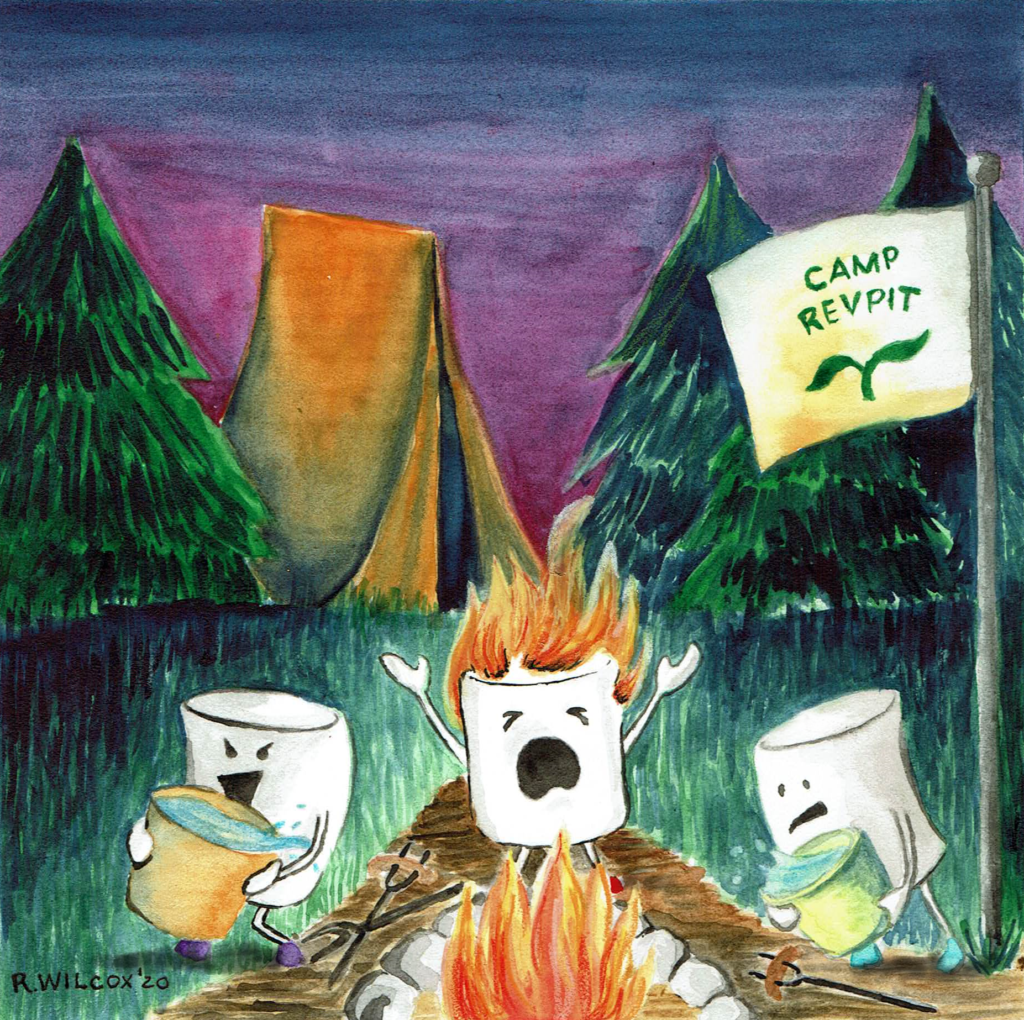 Watercolor Illustration: Disaster strikes the personified Marshmallow Campers! In the center, the red-shoed marshmallow flails as flames leap up from their head. On the right, the concerned blue-shoed marshmallow hurries forward with a bucket of water. On the left, the laughing purple-shoed marshmallow runs away with a second bucket. Behind them, an orange tent stands between the pine trees. The sky darkens into night. The Camp RevPit flag STILL FLIES.
