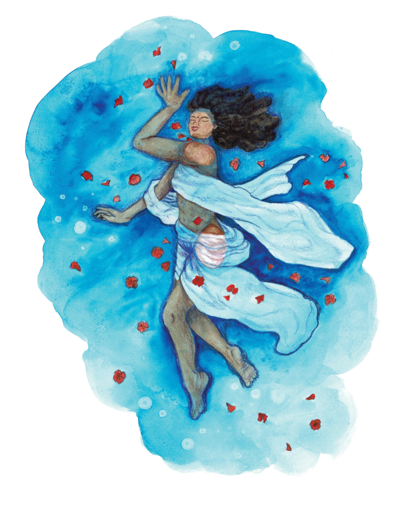 Watercolor painting: A woman wrapped in white cloth is tossed about in churning blue water, her hair floating in a puff around her face. Crimson flowers and flower petals swirl around her.