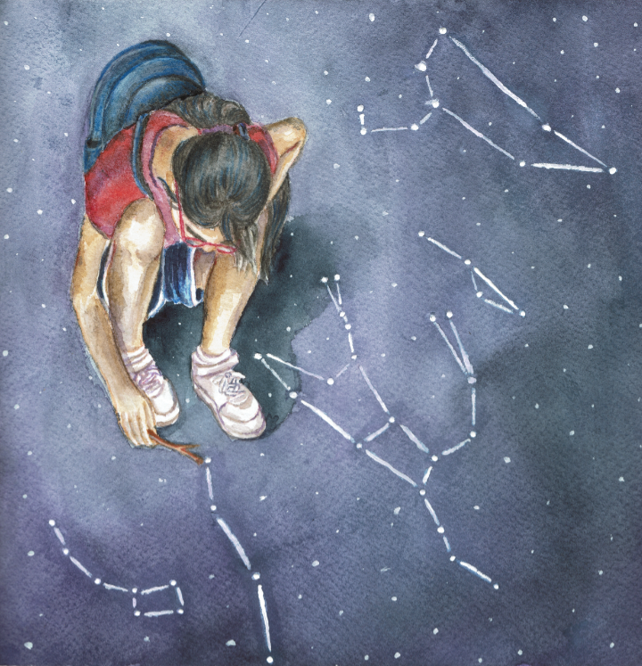 A watercolor painting of a girl with light brown skin and long, straight black hair bent over to draw with a stick. The ground she's crouched on is made up of a night sky full of stars, and the girl is drawing constellations with her stick. She's wearing glasses, a t-shirt, shorts, sneakers, and a backpack.