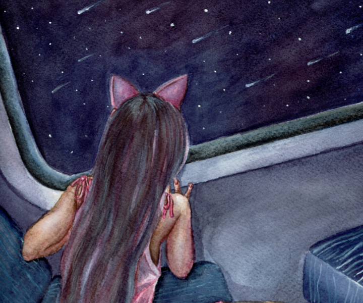 A watercolor illustration of a little girl gazing out the window of a train. She has long brown hair and a cat ear headband. Outside the window, shooting stars streak through the night sky, and the girl is leaning forward so she can see better.