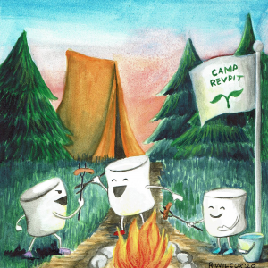 Watercolor Illustration: Personified Marshmallow Campers roast hot dogs over a fire. A blue-shoed marshmallow smiles, a full bucket of water at their feet. Red-shoes and purple-shoes fence with their roasting sticks, both of them laughing. Behind them, an orange tent stands between the pine trees with sunset painting the sky behind them. The Camp RevPit flag still flies above.