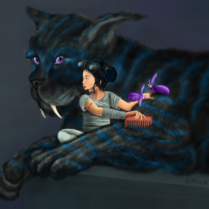 Digital Illustration: An 11 year old girl sits between the paws of a giant black and blue space tiger with prominent fangs. The girl is combing the alien beast's fur, and two purple insects perch on her hand.